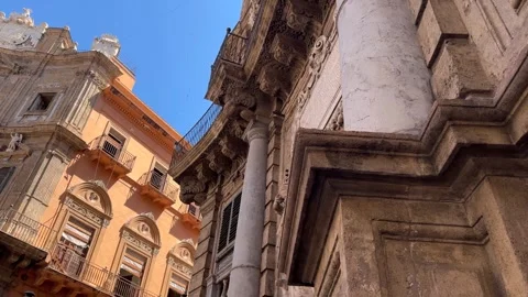 Baroque Facade with Columns and Capitals on Palermo Corner 4K Stock Footage 316835959