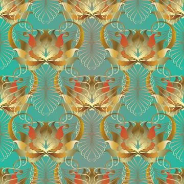 Baroque floral 3d seamless pattern. Vector leafy ornate background. Vintage l イラスト素材