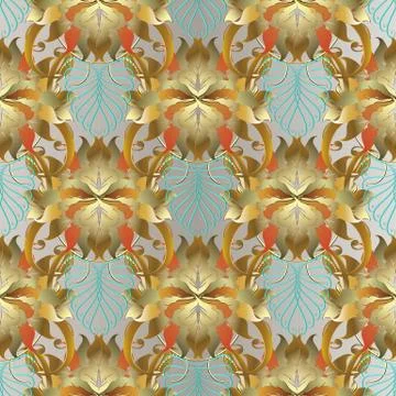 Baroque floral 3d seamless pattern. Vector leafy ornate background. Vintage l 스톡 일러스트