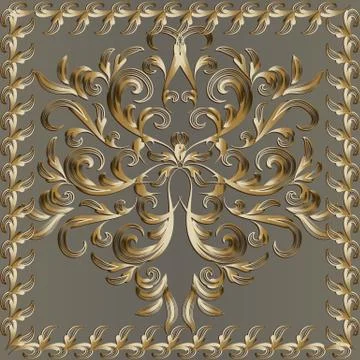 Baroque gold 3d panel pattern with floral frame. Vector beige vintage backgro Stock Illustration