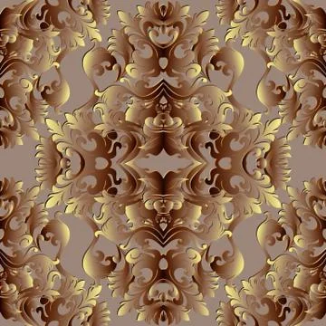 Baroque gold 3d seamless pattern. Floral vector background wallpaper with vin 스톡 일러스트