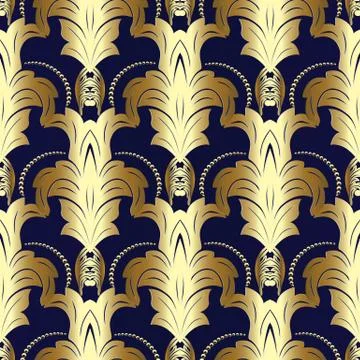 Baroque gold 3d seamless pattern. Vector dark blue abstract background. Flora Stock Illustration