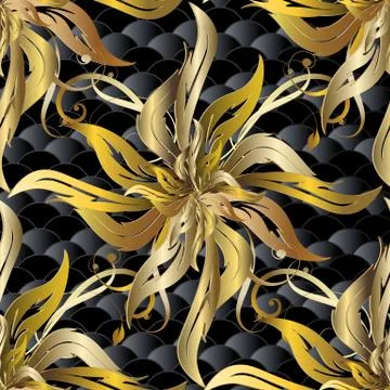 Baroque gold 3d vector seamless pattern. Textured floral patterned background イラスト素材