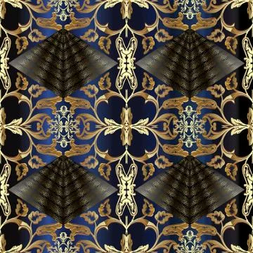 Baroque gold floral seamless pattern with 3d trapezium drapery lace patches. Stock Illustration