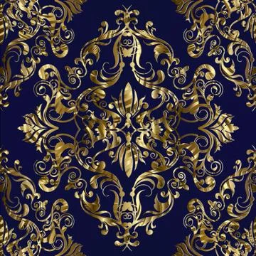 Baroque gold seamless pattern. Blue vector floral damask background 스톡 일러스트