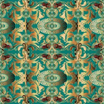 Baroque gold seamless pattern. Vector floral vintage background. Turquoise 3d 스톡 일러스트