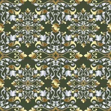 Baroque gold silver seamless pattern. Vintage floral damask back 스톡 일러스트