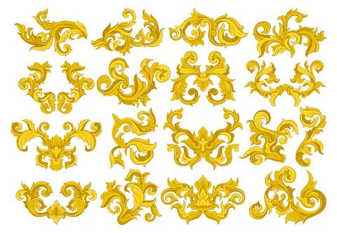 Baroque Golden Elements with Scroll and Swirl Vector Set Illustrazione stock