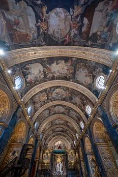 Baroque nave ceiling of St. John's Co-Cathedral - Valletta, Malta Stock Photos