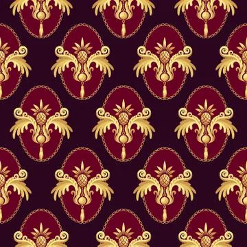Baroque pattern with gold sconce pendants on magenta background. Seamless vector Stock Illustration