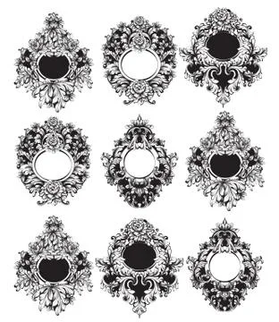 Baroque Round Frame sets collection Vector. Classic rich ornamented carved de 스톡 일러스트