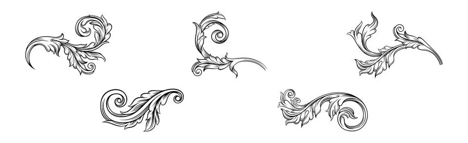 Baroque Scroll as Element of Ornament and Graphic Design with Spirals Vector Set 스톡 일러스트
