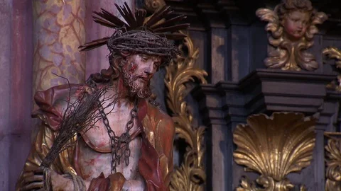 Baroque sculpture of the Savior suffering Stock Footage 71099583