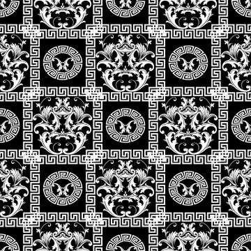 Baroque seamless pattern. Floral black background wallpaper with white damask 스톡 일러스트