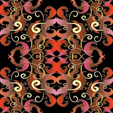 Baroque seamless pattern. Vector floral black background with red hand drawn  Stockillustratie