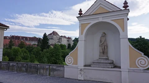 Baroque Statue and Český Krumlov Castle in Summer Stock Footage 313387987