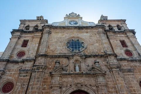 Baroque stone facade and bell tower of San Pedro Claver Church in Cartagena de I Фото