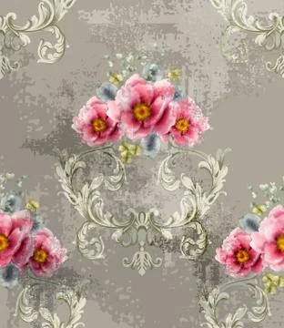 Baroque texture pattern with spring flowers Vector. Floral ornament decoratio 스톡 일러스트