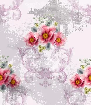 Baroque texture pattern with spring flowers Vector. Floral ornament decoratio Illustrazione stock