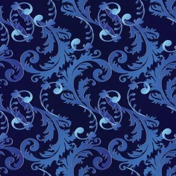 Baroque vector 3d seamless pattern. Floral vintage black blue damask backgrou Stock Illustration