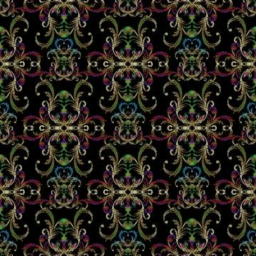 Baroque vector embroidery seamless pattern. Black ornate grunge background wi 스톡 일러스트