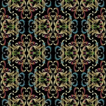 Baroque vector embroidery seamless pattern. Black ornate grunge background wi Illustrazione stock
