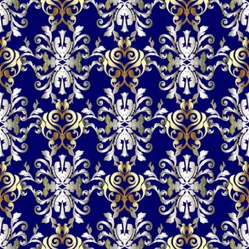 Baroque vector seamless pattern. Blue gold silver floral backgro Illustrazione stock