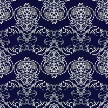 Baroque vector seamless pattern. Damask dark blue floral background wallpaper 스톡 일러스트
