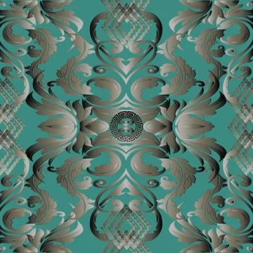 Baroque vector seamless pattern. Dark turquoise ornate floral background with Illustrazione stock