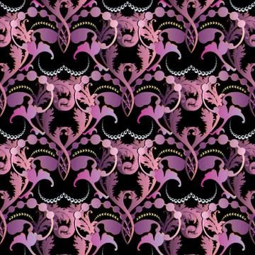 Baroque vector seamless pattern. Floral vintage black violet damask backgroun Stock Illustration