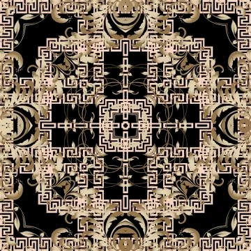 Baroque vector seamless pattern. Greek key meanders ornament. Floral Damask 스톡 일러스트