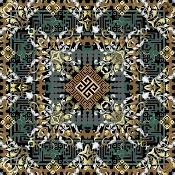 Baroque vector seamless pattern. Greek key meanders ornament. Abstract floral 스톡 일러스트