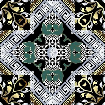 Baroque vector seamless pattern. Greek key meanders ornament. Floral Damask Stockillustratie
