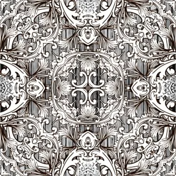 Baroque vector seamless pattern. Textured wooden grunge background. Ornamenta 스톡 일러스트