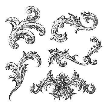Baroque victorian border set sketch hand drawn black Stock Illustration