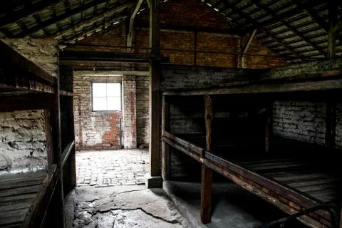 Barrack inside living room concentration camp Auschwitz Birkenau KZ Poland Stock Photos