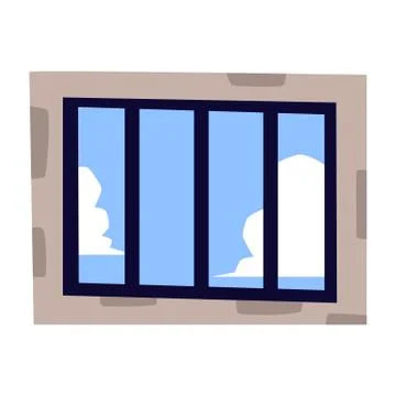 Barred prison window with view to clear blue sky with couple of white clouds Ilustração Stock