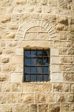 Barred window, Montefiore Windmill, Jerusalem Stock Photos