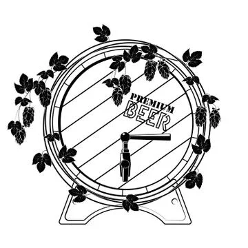 Barrel of beer entwined with hops. Vector. Black on white. Stock Illustration