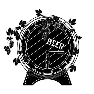 Barrel of beer entwined with hops. Vector. Black on white. Stock Illustration