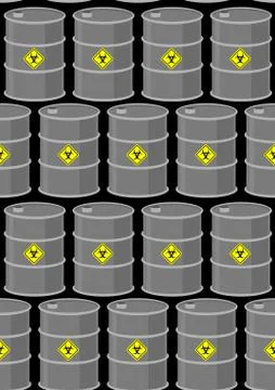 Barrel with biohazard seamless pattern. Gray metal drums on a black backgroun Stock Illustration