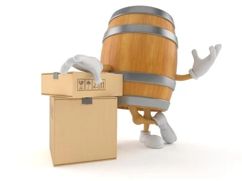 Barrel character with stack of boxes Illustrazione stock
