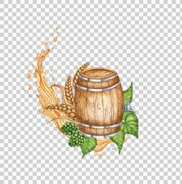A barrel decorated with splashes of beer, hops and ears of wheat in watercolo Stock Illustration