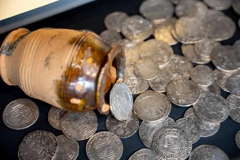 Barrel with old coins Stock Photos