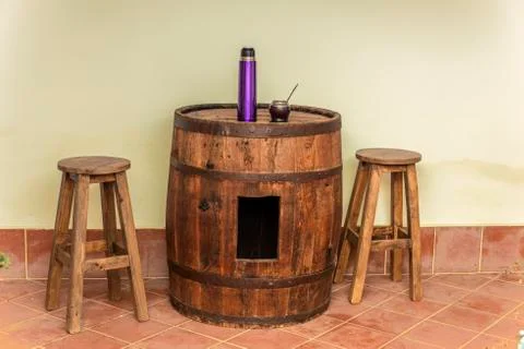 Barrel used as table with mate Stock Photos