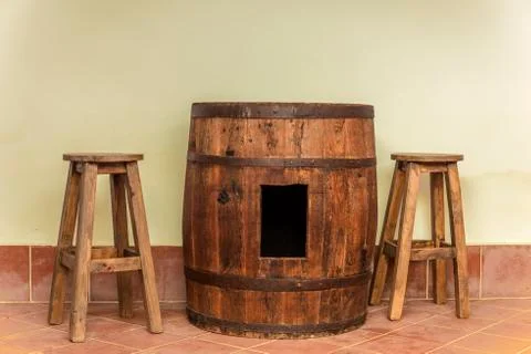 Barrel used as table Stock Photos