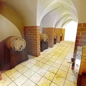 Barrels of alcohol drink underground cellar render illustration Stock Illustration