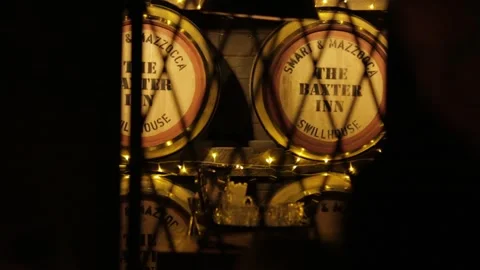 Barrels and String Lights in Dimly Lit Sydney Bar Interior, Australia Nightlife Stock Footage 345691223