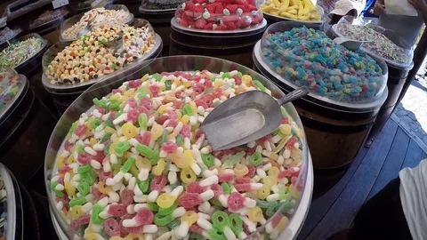 Barrels with candies Stock Footage 72834936