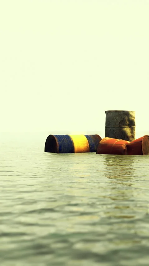 Barrels float on calm water during early morning light in a quiet setting Stock Footage 335967880